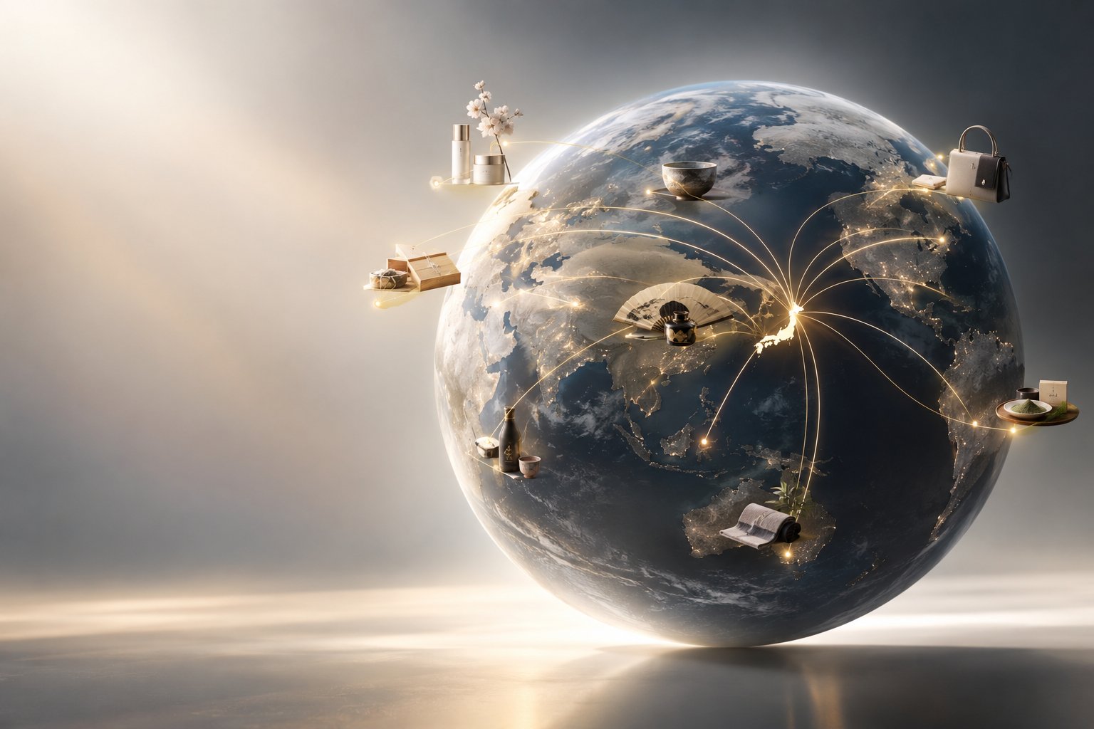 A globe with Japanese products — sake, matcha, a folding fan, cosmetics, tea ware, a leather bag — connected by glowing lines radiating out from Japan to destinations around the world.